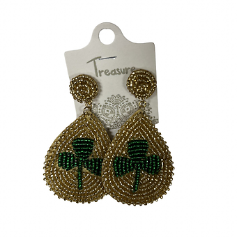 Gold Beaded Teardrop Earrings with Shamrock
